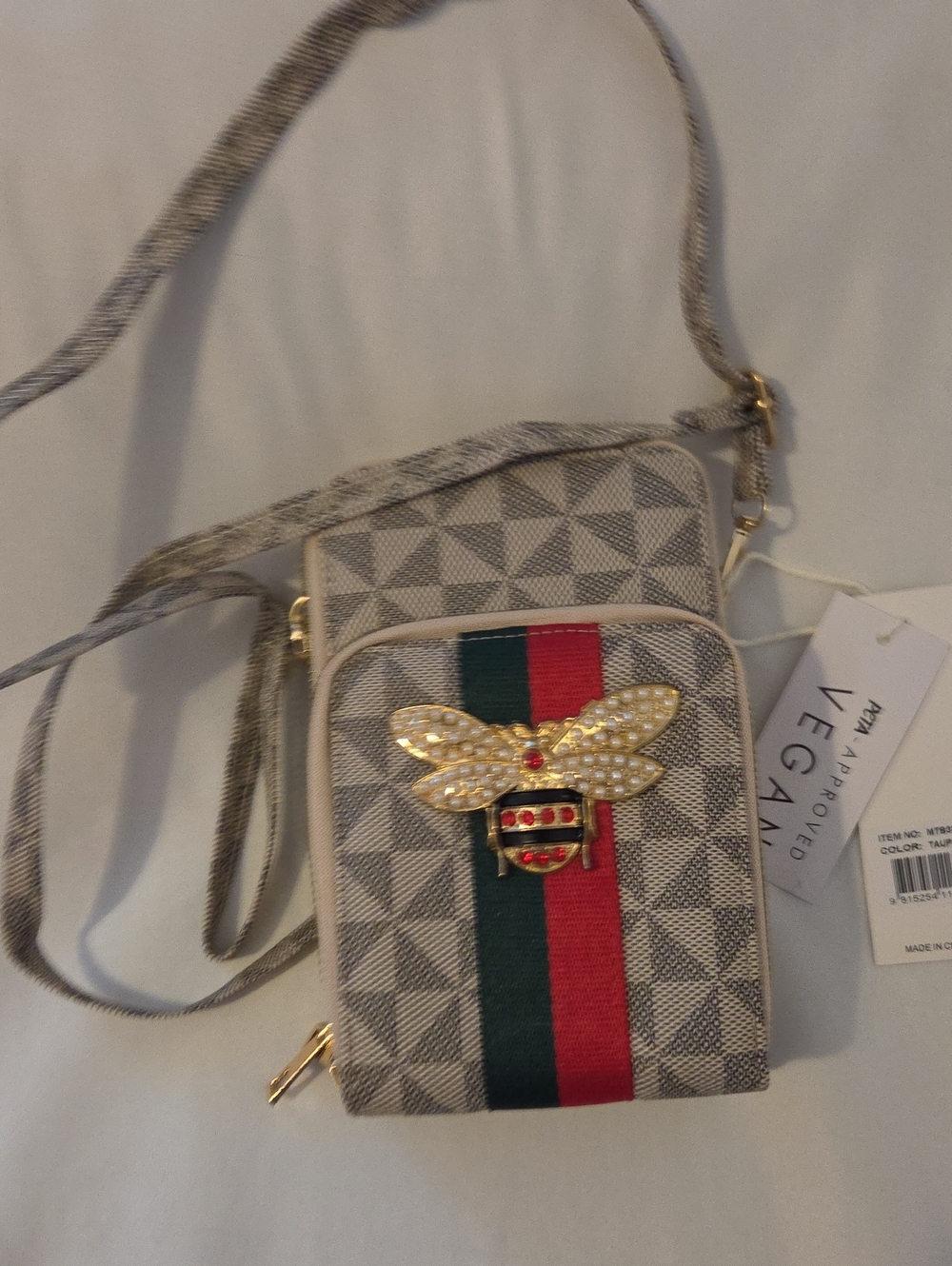 Luxie Beige Geometric Crossbody with Green and Red Stripe & Gold Bee